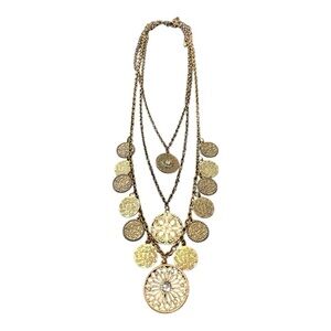 NY Brand Antique Gold Triple Strand Coin Type Necklace w/glass & rhinestones JB2